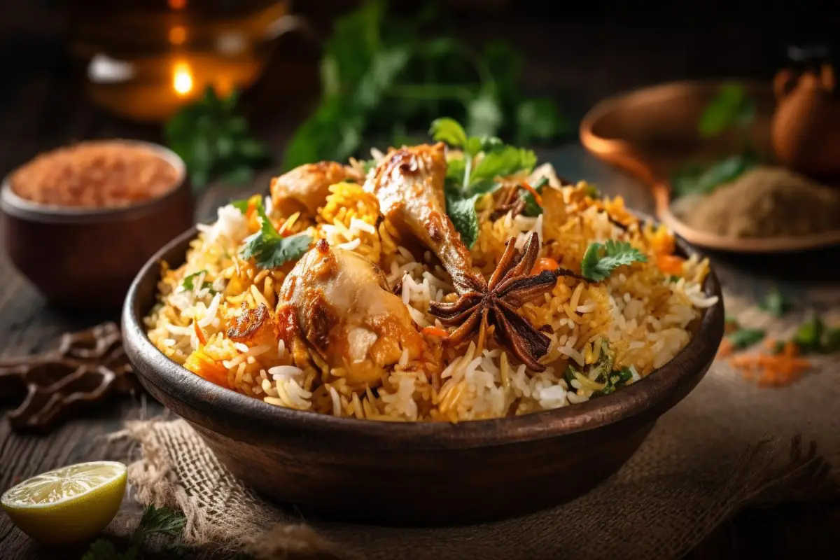 A traditional bowl of chicken biryani garnished with cilantro and star anise.
