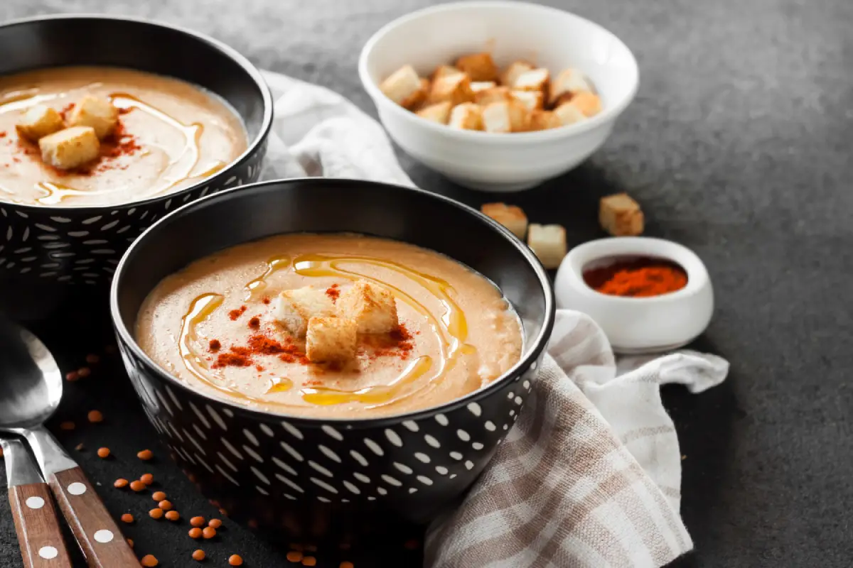 Velvety lentil cream soup in a stylish black bowl, garnished with croutons, a swirl of olive oil, and a sprinkle of paprika, alongside fresh ingredients on a dark surface.