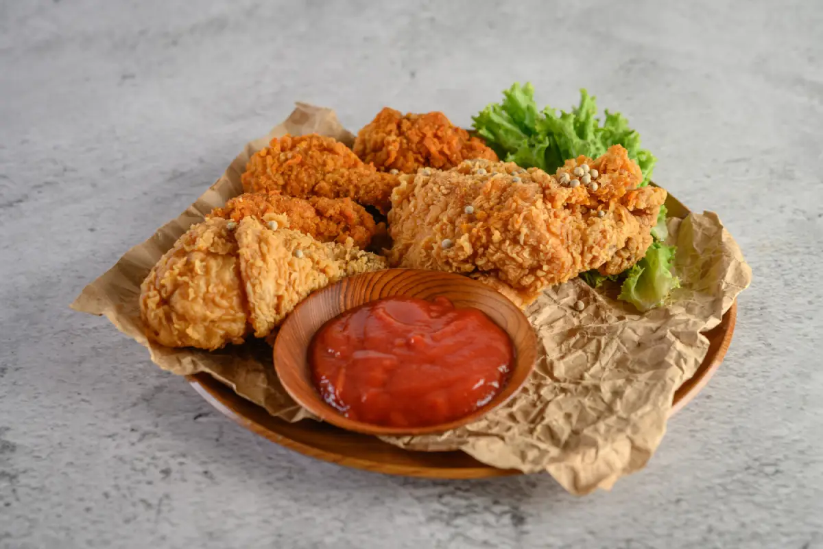 Golden crispy fried chicken served on a wooden plate with fresh green lettuce and a side of tangy tomato ketchup.