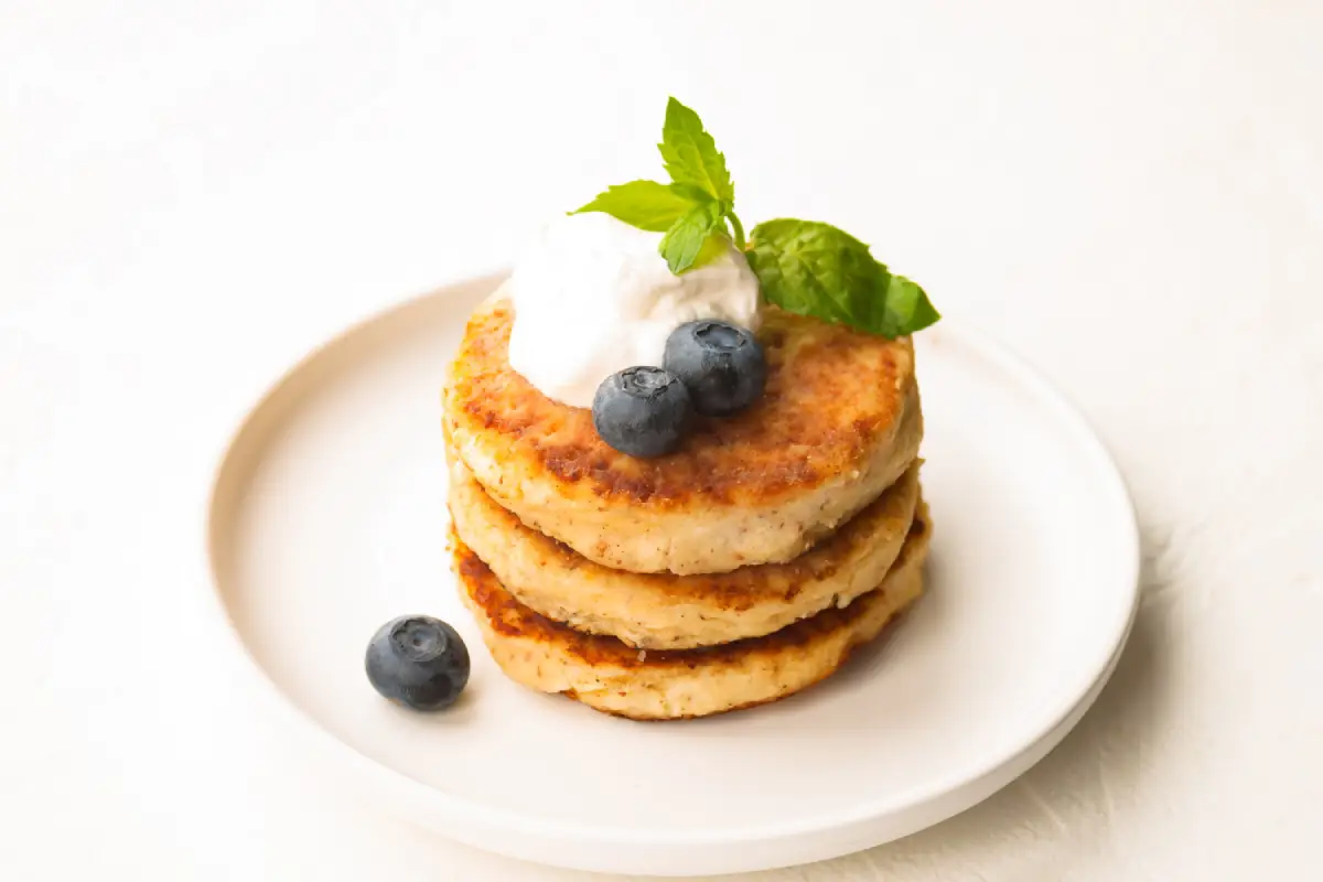 Fluffy cottage cheese pancakes topped with blueberries and cream on a white background.