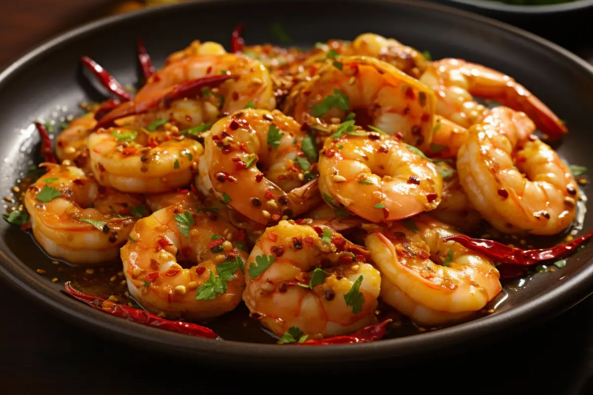 A plate of spicy Hunan shrimp garnished with red chili peppers and green herbs, presented on a black plate.