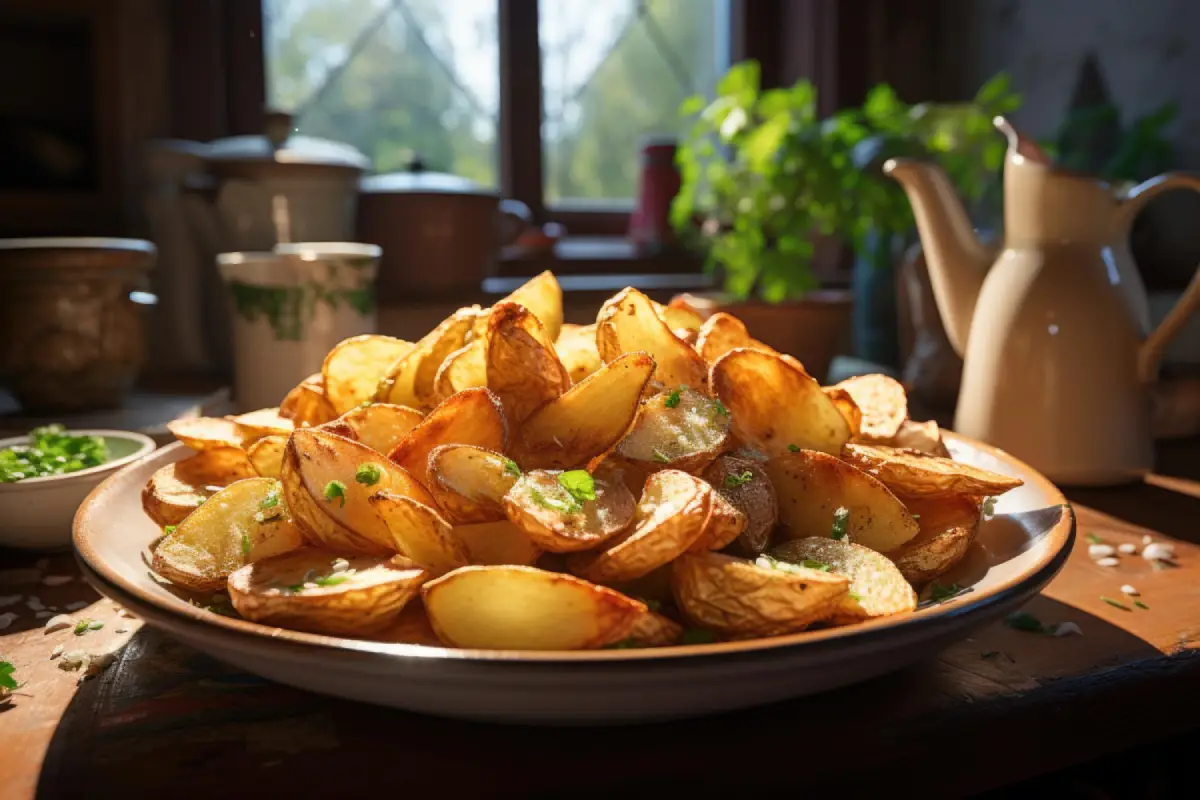 A plate full of roasted herb potatoes basking in the sunlight on a rustic kitchen table, with a cozy home background.