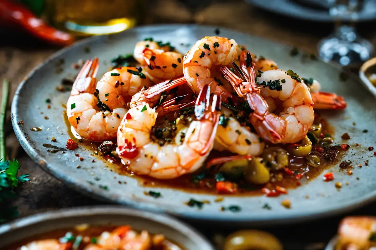 A tantalizing plate of spicy garlic shrimp tapas on a textured ceramic plate, seasoned with herbs and spices.