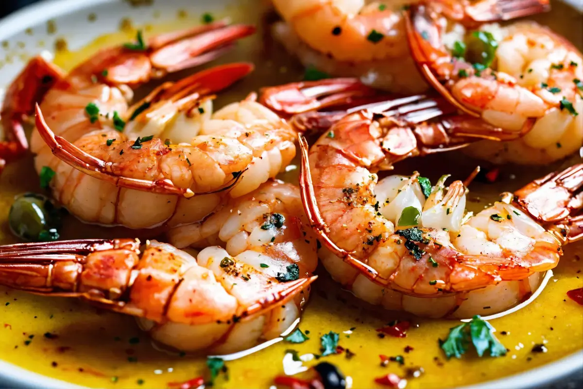 Close-up of succulent gambas al ajillo with herbs and olive oil in a shallow dish.