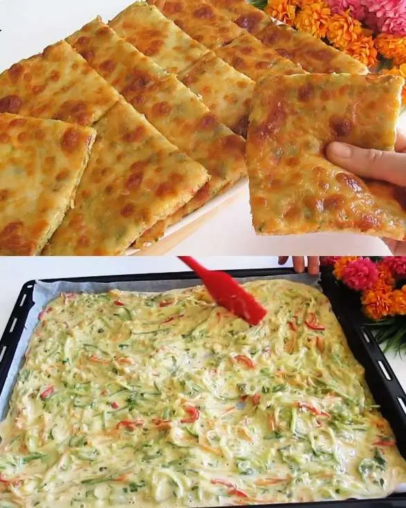 Freshly baked Easy Cheesy Zucchini Bake sliced and ready to serve as a pizza alternative.