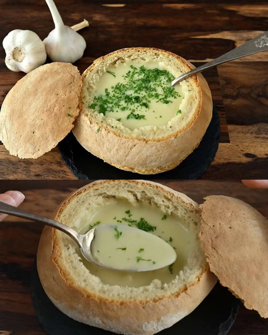 Creamy Austrian Garlic Soup served in a rustic bread bowl, garnished with parsley.