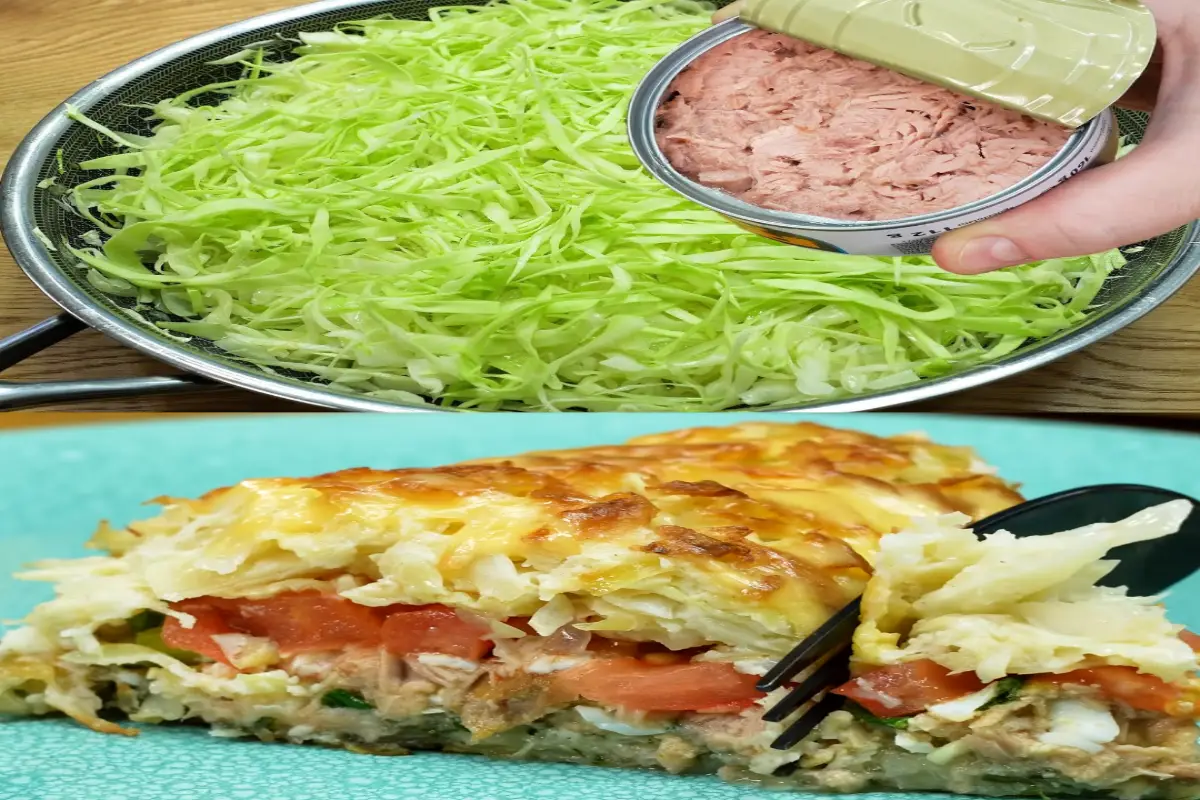 Freshly baked Cabbage Pie with Tuna Filling served on a white plate.