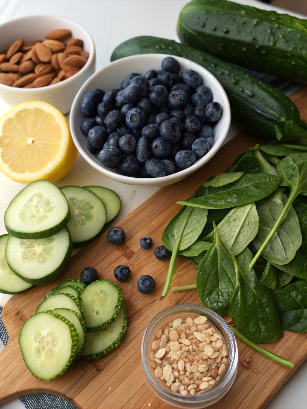 Cucumber-Blueberry Spinach Salad ingredients